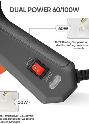 Full Size Hot Glue Gun with 60/100W Dual Power and 21 Hot Glue Sticks (7/16"), Fast Preheating Heavy Duty Industrial Gluegun with Storage Case for Crafting, DIY and Repairs (Gray)