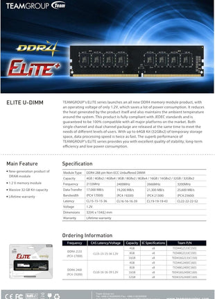 TEAMGROUP Elite DDR4 32GB Single (1 x 32GB) 3200MHz (PC4-25600) CL22 (2933MHz or 2666MHz) Unbuffered Non-ECC 1.2V UDIMM 288 Pin PC Computer Desktop Memory Module Ram Upgrade - TED432G3200C2201