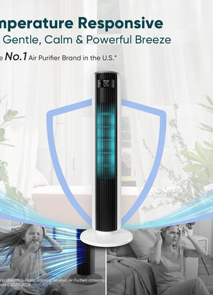Levoit Tower Fan for Bedroom, 28ft/s Fans that Blow Cold Air, 28dB Quiet | Standing Floor Fan for Room, 90° Oscillating, 5 Speeds 4 Modes & Temp Sensor, Bladeless, 12H Timer, Remoter, 36 inch, White