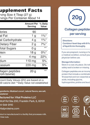 Vital Proteins Collagen Peptides Powder, Chocolate, 13.5oz | Grass-Fed Collagen Peptides, Supports Hair Skin & Nails, Bones & Joints, Chocolate Flavor, 14 Servings