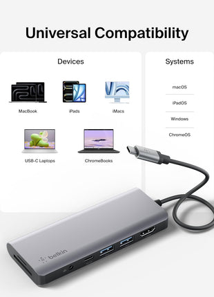 Belkin USB-C Hub, 7-in-1 MultiPort Docking Station for MacBook & Windows - 85W USB-C Power Delivery 3.0, 4K HDMI 1.4, 2x USB-A 3.0, SD 3.0, Micro SD 3.0, & 3.5mm Audio Jack