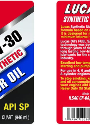 Lucas Oil 10050 Synthetic SAE 10W-30 Motor Oil API SP - 1 Quart