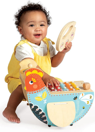 Manhattan Toy Musical Chicken Wooden Instrument for Toddlers with Xylophone, Drumsticks, Cymbal and Maraca,Blue