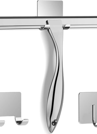 All-Purpose Stainless Steel Shower Squeegee for Shower Glass Door with 2 Adhesive Hooks, Bathroom Cleaner Tool Household Window Mirror Squeegee , Cleaning Tile Wall, Car, 10 Inch Silver