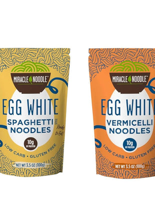 Miracle Noodle Egg White Pasta Variety Pack, 3.5 Oz (Pack of 6), Spaghetti, Vermicelli Angel Hair, Ready to Eat Egg White Noodles, 10g Protein, 45 Calories, 1g Net Carbs Per Serving, High Protein, Keto, Gluten-Free