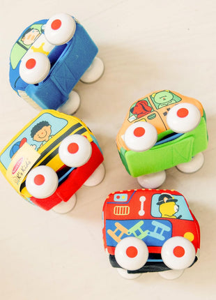 Melissa & Doug K's Kids Pull-Back Town Vehicle Set - Baby Toys Set with 4 Soft Toy Cars and Trucks, Surface Washable with Removable Wheels, Learning Toys for Babies and Toddlers