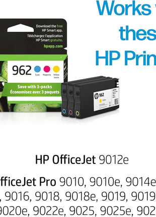 HP 962 Cyan, Magenta, Yellow Ink Cartridges for HP Printers | Works with Printer Series: OfficeJet 9010, 9020 | Eligible for Instant Ink | 3YP00AN