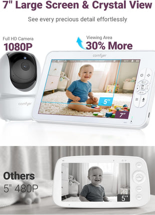 Comfyer BM01 7inch HD Split-Screen Baby Monitor, Video Baby Monitor with 2 Cameras and Audio, No WiFi Monitor with a Flexible Bracket, Up to 2 Days in VOX Mode with Sound Alert, 4X Zoom, Night Vision