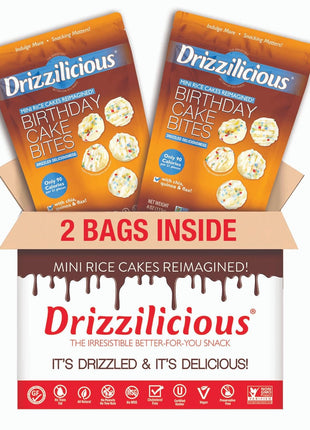 Drizzilicious Mini Flavored Rice Cakes Birthday Cake - Rice Crisps, Healthy Snack for Adults and Kids, Vegan, Gluten Free Snack, Allergen Free, Only 90 Calories Per 21 Pieces - 4 oz (Pack of 2)
