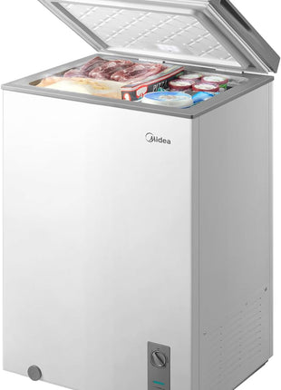 Midea MERC04C4BAWW Chest Freezer, 3.5 Cubic Feet Freezer With Removable Basket, Interior LED Light, Adjustable Temperature, For Kitchen Apartment Office, White