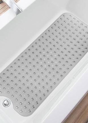 TEESHLY Bathtub Mats for Shower Tub, Extra Long Non Slip 39 x 16 Inch Bath Mat with Drain Holes and Suction Cups, BathMat for Bathroom with Machine Washable (Clear Grey)