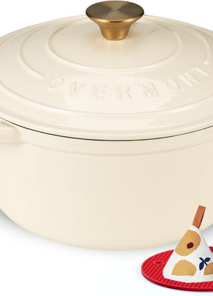 Overmont Enameled Cast Iron Dutch Oven - 5.5QT Pot with Lid Cookbook & Cotton Potholders - Heavy-Duty Cookware for Braising, Stews, Roasting, Sourdough Baking Cream White