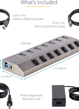 StarTech 7 Port Self-Powered USB C Hub with Individual On/Off Switches, USB 3.0 (5Gbps) Expansion Hub with Power Supply, Desktop Laptop USB-C to USB-A Splitter