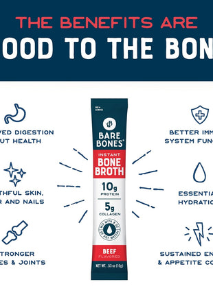 Bare Bones Beef Bone Broth Instant Powdered Mix Packets | 5g Collagen | 10g Protein | Keto & Paleo Friendly | No Artificial Flavors | Rich Savory on-the-go 16 Pack