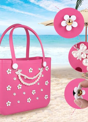 Charms for Bogg Bag,Decorative Flowers Pearls and Chain Set for Rubber Tote Bag, Must Have Accessories for Women Girls Simply Southern Beach Totes Bling Decoration