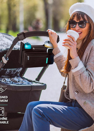 Stroller Caddy Organizer, Cup Holder, Wipes Pocket, Non-Slip, Black