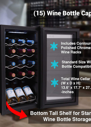 NutriChef Compressor Refrigerator White & Red Chiller Countertop Cooler-Freestanding Compact Mini Wine 15 Bottle Capacity, Digital, Glass Door, Black, Quiet Operation Fridge Touch Temperature Control