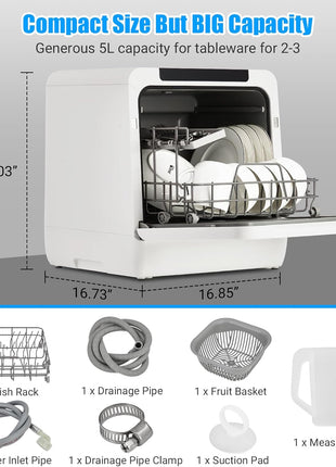Portable Dishwasher Countertop, Dishwasher Countertop 5L Built-In Water Tank, No Hookup Needed, 5 Washing Programs, 360° Dual Spray, Baby Care & Air-Drying Function for Apartments