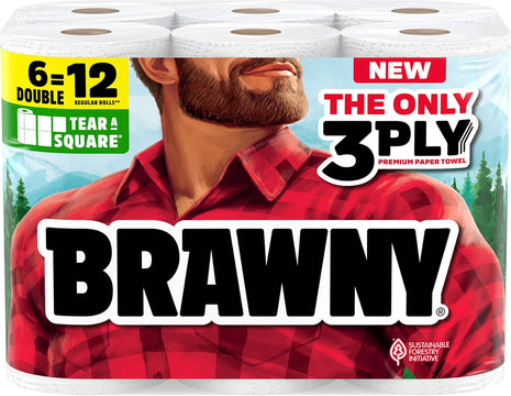 Brawny Tear A Square 3 Ply Paper Towels, 6 Double Rolls = 12 Regular Rolls, Strong, Absorbent, and Durable with 3 Sheet Sizes (Quarter, Half, Full)