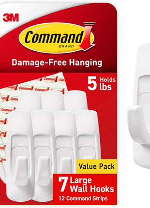 Command Large Utility Hooks, 7-Hooks, 12-Strips, Organize Damage-Free | Damage-Free Hanging Wall Hooks with Adhesive Strips, No Tools Adhesive Hooks for Hanging Decor, Holds up to 5 lb
