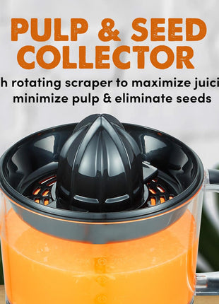 Elite Gourmet ETS623 BPA Free Electric Citrus Juicer, Compact, Large Volume, Pulp Control, Oranges, Lemons, Limes, Grapefruits with Easy Pour Spout, 24oz, Black/Stainless Steel