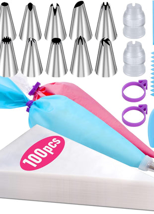 Piping Bags and Tips Set, 100Pcs 12 Inch Pastry Bags, Icing Bags Disposable | Cakes Decorating Kit Supplies with 1 Reusable Piping Bags 1 Couplers 12 Frosting Tips 2 Bag Ties 3 Cake Scraper