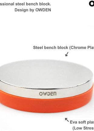 OWDEN Professional Steel Bench Block(No Rebound), Metal Bench Block for Jewelry Stamping Tool,(Diameter: 3 Inches, Height: 3/4 Inch) Steel Part: Mirror Polishing with Chrome Plating.