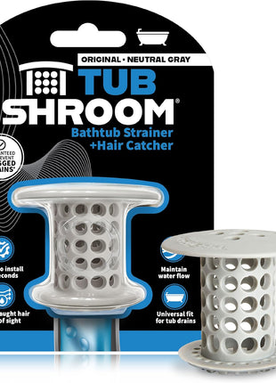 TubShroom Bathtub Drain Hair Catcher – in-Drain Tub Strainer & Clog Prevention Protector, Fits Standard 1.4"–1.75" Tub Drains, Easy Clean, Captures Human & Pet Hair Out of Sight (Gray)