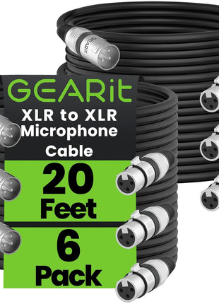 GEARit XLR Male to Female Microphone Cable (20 Feet, 6-Pack) 3-Pin Balanced Shielded Mixer, Recording Studio, Podcast - Black
