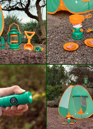 FUN LITTLE TOYS Pop Up Play Tent with Camping Gear and Tools Set, Outdoor Toys for Kids