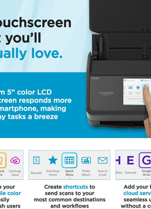 ScanSnap iX2500 Wireless or USB High-Speed Cloud Enabled Document, Photo & Receipt Scanner with Large 5 inch Touchscreen and 100 Page Auto Document Feeder for Mac or PC, Black