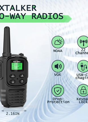 MaxTalker Walkie Talkies Long Range for Adult, MT10 Rechargeable Walkie Talkies FRS Two Way Radio, NOAA, 1200mAh Li-ion Battery USB-C Cable, LED Flashlight, VOX Walkie Talkie for Hiking Camping 2Pack