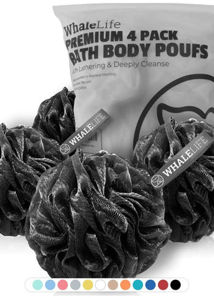 Shower Puff 4 Pack Black Bath Sponge Shower Loofahs Pouf Ball Nature Bamboo Charcoal Mesh Bulk Puffs Large, Shower Essential Skin Care by WhaleLife