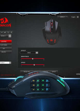 Redragon M908 Impact RGB LED MMO Gaming Mouse with 12 Side Buttons, Optical Wired Ergonomic Mouse with Max 12,400DPI, High Precision, 18 Programmable Macro Shortcuts, Comfort Grip