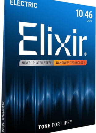 Elixir Strings, Electric Guitar Strings, Nickel Plated Steel with NANOWEB Coating, Longest-Lasting Bright Tone with Comfortable Feel, 6 String Set, Light 10-46
