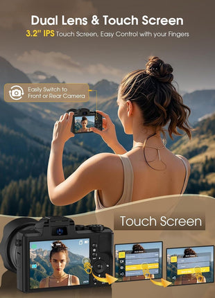 8K Digital Camera, 88MP Cameras for Photography with WiFi & Touch Screen, 16X Zoom Vlogging Camera for YouTube Video, Autofocus & Anti-Shake, Dual Camera, 2 Batteries, 64GB Card, Flash, Lens Hood
