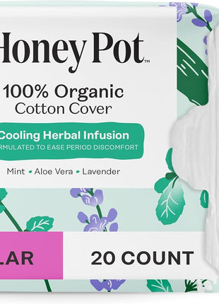 The Honey Pot Company   Herbal Sanitary Pads for Women   Regular Flow w/Wings   Infused w/Essential Oils for Cooling Effect & Organic Cotton Cover   Feminine Care   20 ct