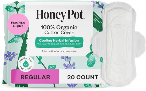The Honey Pot Company   Herbal Sanitary Pads for Women   Regular Flow w/Wings   Infused w/Essential Oils for Cooling Effect & Organic Cotton Cover   Feminine Care   20 ct