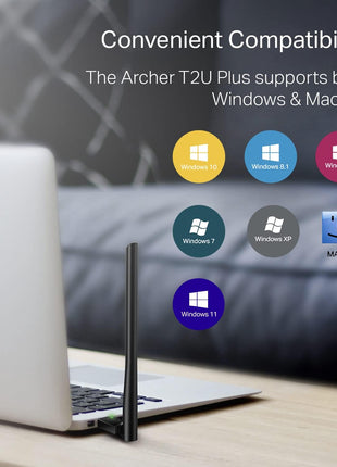 TP-Link AC600 USB WiFi Adapter for Desktop PC (Archer T2U Plus)- Wireless Network Adapter for Desktop with 2.4GHz, 5GHz High Gain Dual Band 5dBi Antenna, Supports Win11/10/8.1/8/7/XP, Black