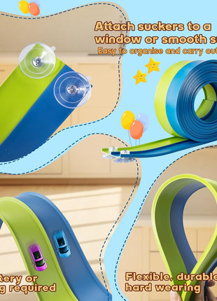 Flex Tracks 15 Ft for Kids Starter Set, Flexible Race Car Ramp Track with Suction Cups Compatible with Diecast 1/64th Cars for Ages 3 & Up (Green & Blue)