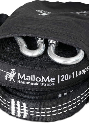 MalloMe XL Hammock Straps for Trees - Hammock Tree Straps Set 2000+ LBS Heavy Duty 40 Loops & 100% No Stretch Suspension System Kit - Camping Hammocks Accessories | 2 Carabiners | 12 Feet Black