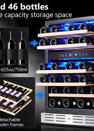 Kalamera 24 inch Wine Cooler, 37 Bottle Dual Zone Built-in or Freestanding | Wine Fridge with Stainless Steel Reversible Glass Door, for Home, Kitchen or Office