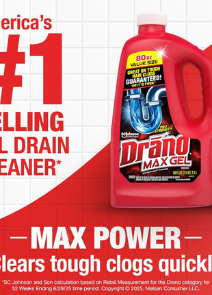 Drano Max Gel Drain Clog Remover and Cleaner for Shower or Sink Drains, Unclogs and Removes Hair, Soap Scum, Blockages, 32 oz