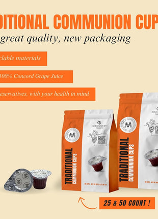 Travel Pack - Pre-Filled Traditional Communion Cup - Bag of 25 with Wafer and 100% Concord Grape Juice