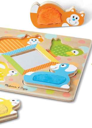 Melissa & Doug First Play Peek-a-Boo Pets Wooden Touch and Feel Puzzle with Mirror Mirror Toy for Babies and Toddlers, Sensory Toy Puzzle