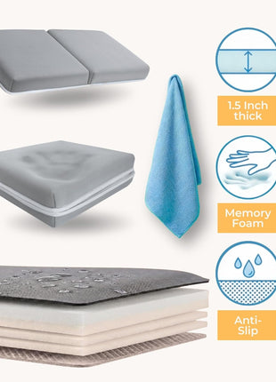 Comfortable Baby Bath Kneeler and Elbow Rest Pad Set - 1.5 Inch, Grey | Memory foam core, bathtub kneeling pad for bathing infants to toddlers, knee mat, toy organizer, machine washable