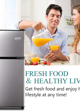 3.5 Cu.Ft Refrigerator with Freezer, 2 Doors Fridge with Adjustable Thermostat Control, Refrigerator for Kitchen, Dorm, Apartment, Garage, Office, Silver