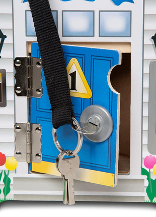 Melissa & Doug Take-Along Wooden Doorbell Dollhouse - Doorbell Sounds, Keys, 4 Poseable Wooden Dolls Portable Doll House, Doorbell House for Kids Ages 3+