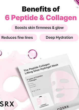 COSRX The Peptide Collagen Hydrogel Pack, Mask Pack, Pack of 3, Resilient, Glossy, Shiny, Moisture, Moisture, Lifting, Collagen Mask, Gel Mask, Tested for Human Body, Cosar X, Essence, Skin Care, Korean Cosmetics