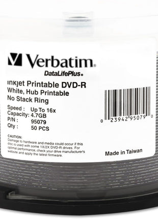 Verbatim DVD-R Blank Discs 4.7GB 16X DataLifePlus White Inkjet Printable Recordable Disc Hub Printable - 50pk Spindle 95079